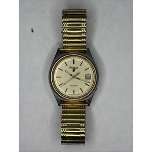 Vtg Pulsar Watch Men 36mm Gold Tone Date‎ Y512-8049 Stretch Band Needs Battery